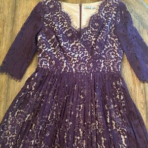 Plum Eliza J Lace Elbow Length Sleeves Knee Length Party Dress